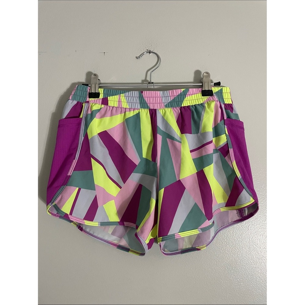 Lands End Womens Large 10-12 Geometric Print Active Shorts Purple Green Pocket
